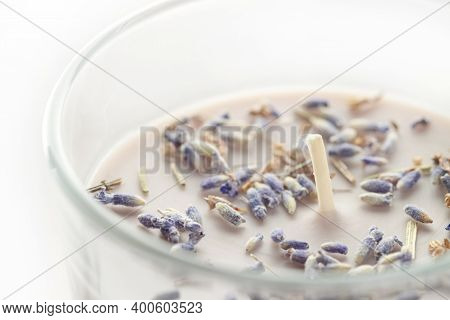 Grey Aroma Candle With Lavanda Dry Blue Little Flowers