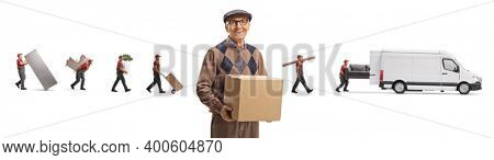 Elderly man holding a box and movers carrying home appliences and furniture into a white van isolated on white background
