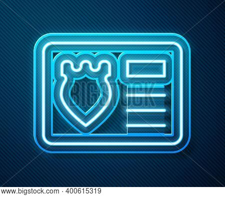 Glowing Neon Line Police Badge With Id Case Icon Isolated On Blue Background. Vector
