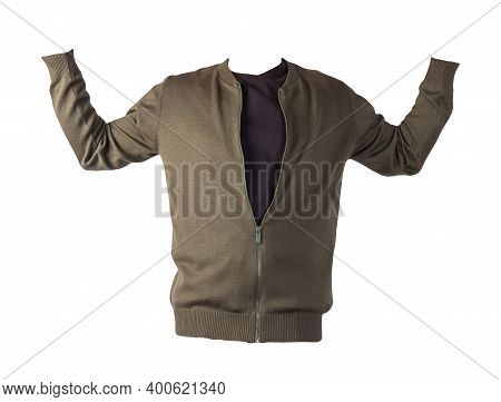 Mens Dark Gren Knitten Bomber Jacket And Black T-shirt Isolated On A White Background. Fashionable C