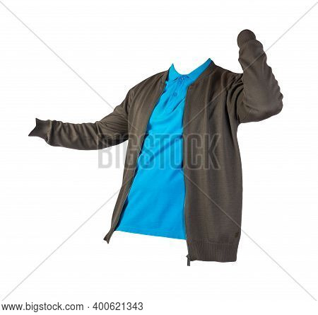 Dark Green Mens Knitten Bomber Jacket And Blue Shirt Isolated On White Background. Fashionable Casua
