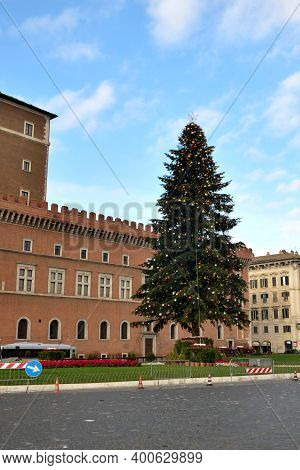 View Of The Famous Christmas Tree In Piazza Venezia