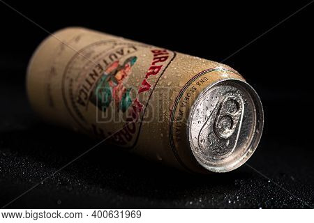 Birra Moretti, A Premium Lager Beer With Water Droplets On Black Background. Studio Photo Shoot In B