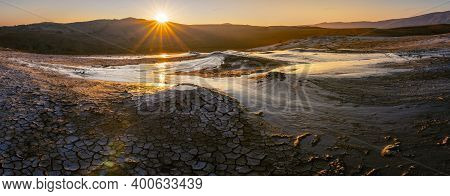 Wide Panoramic View Of Mud Volcanoes With Stunning Sunrise In Chahuna Managed Reserve In Georgia.