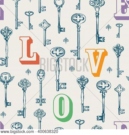 Seamless Pattern On The Theme Of Love With Hand-drawn Vintage Keys And Colored Capital Letters L O V