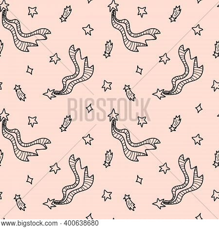 Space Black And White Doodle Seamless Pattern - Hand Drawn Line Digital Paper With Space, Star, Come