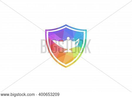 Silhouette Aladin Lamp With Shield Vector. Lamp Aladdin Magic Vector Icon. Aladin Genie Lamp Bottle