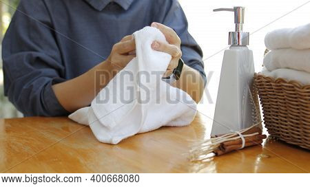 Soap Dispenser And Spa Towel ,roll Up Of White Towels On White Table With Copy Space,towels Studio S