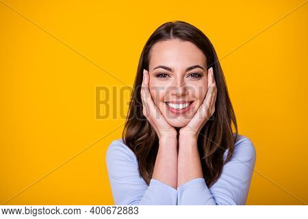 Coseup Photo Of Attractive Cheerful Lady Good Mood Arms On Cheekbones Overjoyed Emotions Toothy Smil