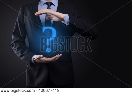 Businessman Man Hand Hold Interface Question Marks Sign Web. Ask Quiestion Online, Faq Concept, What