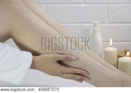 Hair On The Legs Of Women. Skin Care, Body. Preparing Legs For The Procedure Of Hair Removal. Body P