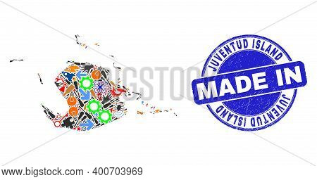 Industrial Juventud Island Map Mosaic And Made In Scratched Stamp. Juventud Island Map Mosaic Compos