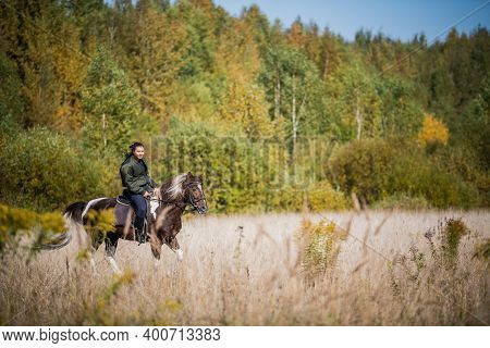 On A Sunny Day, The Girl Takes A Ride On Horseback Through The Expanses Of Her Estate.