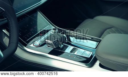 Automatic Transmission Lever In A Car Close-up. High Quality Photo