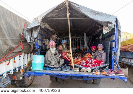 New Delhi, India - December 2020: Portrait Of Group Of Farmers During The Protest At Delhi Haryana B