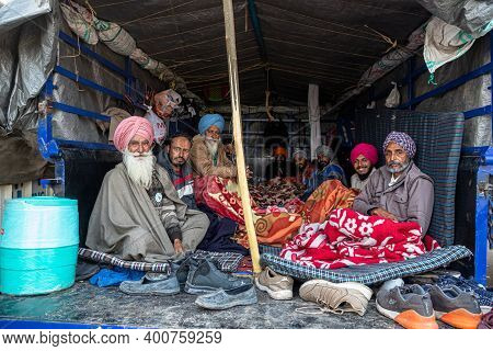 New Delhi, India - December 2020: Portrait Of Group Of Farmers During The Protest At Delhi Haryana B