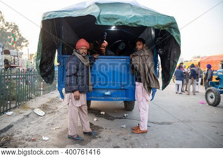 New Delhi, India - December 2020: Portrait Of Group Of Farmers During The Protest At Delhi Haryana B