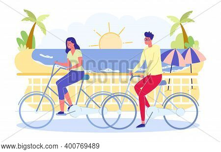 Summer Time Outdoors Activity, Man And Woman Riding Bikes In Public Park, On Seascape Background. Yo