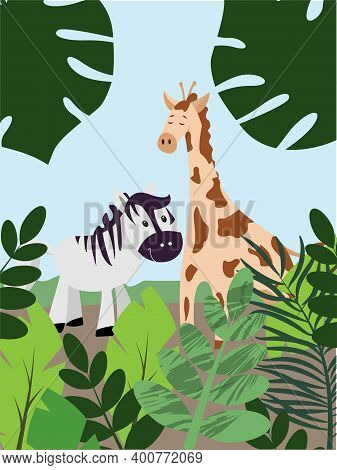 Giraffe And Zebra In The Jungle. Children's Illustration With Wild Animals For A Theme Party. Vector