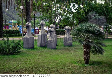 Alanya, Turkey - October 22, 2020: Group Of Stone Abstract Geometric Sculptures In A Park On Promena