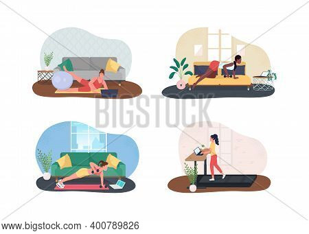 Home Office Gym 2d Vector Web Banner, Poster Set. Space For Physical Activity. Working Women Flat Ch