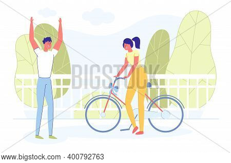 Bright Banner, Couple Met For Presenting Gift. Girl Brought Her Groom Bicycle With Gift Bow. Guy Thr