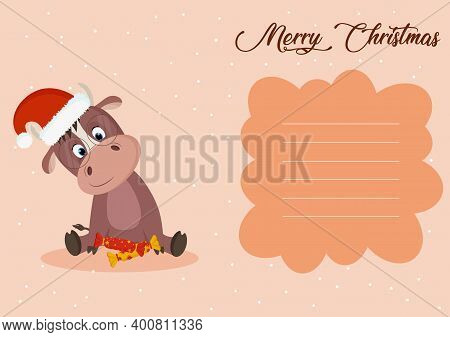 Design Of A New Year's Card 2021 With The Image Of A Cute Bull. Vector Graphics.