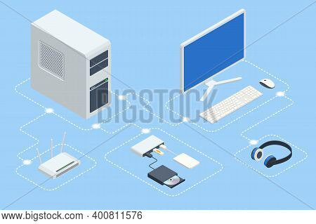 Isometric Digital Devices. Home Computer Network. Home Wifi Network. Internet Via Router On Computer
