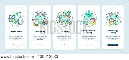 Top Testing Categories Onboarding Mobile App Page Screen With Concepts. General Health, Std Testing 