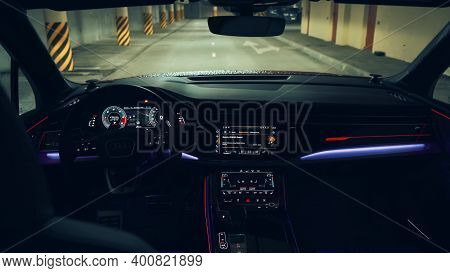 December 2020-russian Federation: View From The Cab Of An Audi Car Against The Background Of An Unde