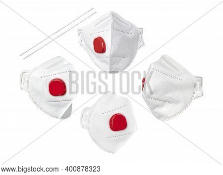 Set Of Valve Medical Face Masks Isolated On White. Earloops Are Included. A Medical Mask Is Used To 