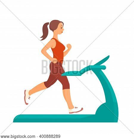 Young Woman Is Exercising On A Treadmill. Sports Exercises At Home. Vector Isolated Illustration.