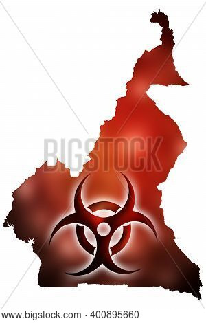 Biohazard Sign Against The Background Of A Contour Map Of Cameroon With A Red Glow. The Concept Of A