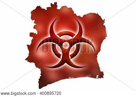 Biohazard Sign Against The Background Of A Contour Map Of Ivory Coast Ith A Red Glow. The Concept Of