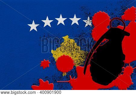 Kosovo Flag And Mk2 Frag Grenade In Red Blood. Concept For Terror Attack Or Military Operations With