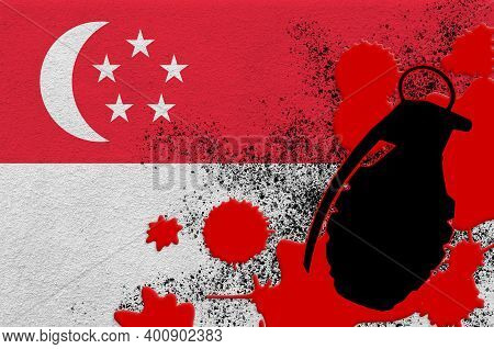 Singapore Flag And Mk2 Frag Grenade In Red Blood. Concept For Terror Attack Or Military Operations W