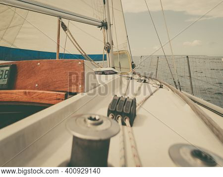 Yacht Capstan With Rope On Sailing Boat During Cruise, Marine Objects Concept.