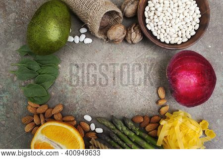 Frame Made Of Foods High In Vitamin B9. Healthy Foods, Sources Of Folic Acid. Top View With Copy Spa