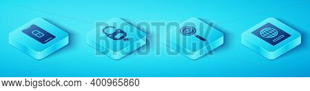 Set Isometric Mobile With Closed Padlock, Lock And Key, Passport And Magnifying Glass Search Icon. V