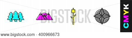 Set Forest, Mountains, Marshmallow On Stick And Wind Rose Icon. Vector