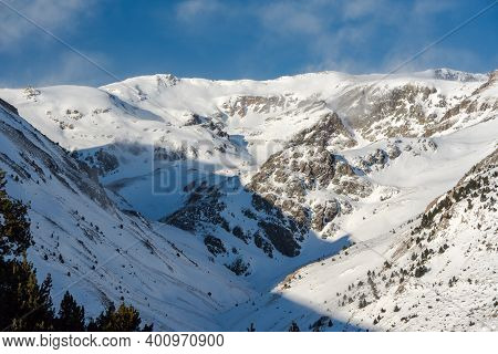 Mountains In The Pyrenees In Andorra In Winter With Lots Of Snow.