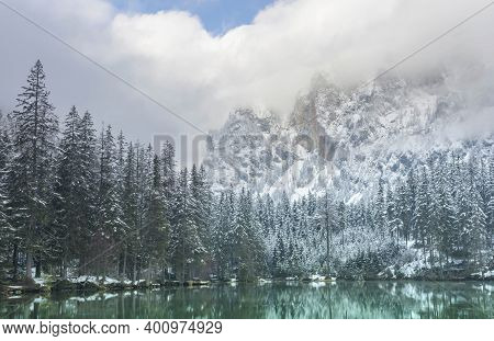 Amazing Winter Landscape With Snowy Mountains And Clear Waters Of Green Lake (gruner See), Famous To