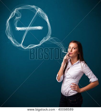 Cigarro de unheathy de fumar muito jovem senhora com nenhum sinal de fumar