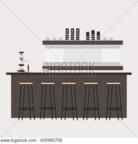 Empty Bar Counter, Barista Workplace. Vector Professional Cafeteria, Barista Counter In Nightclub, R