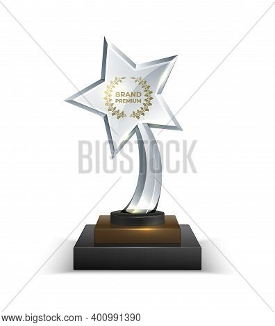 Trophies. Realistic Crystal Glass Award With Text. 3d Star Shaped Prize With Golden Text And Olive W