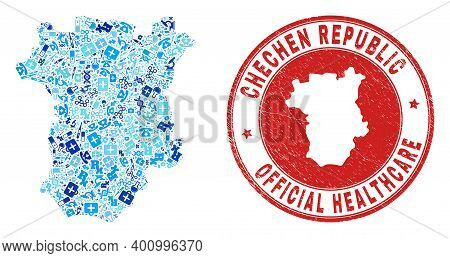 Vector Mosaic Chechen Republic Map With Inoculation Icons, Medicine Symbols, And Grunge Health Care 