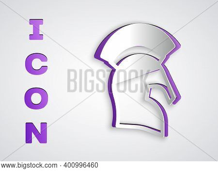 Paper Cut Greek Helmet Icon Isolated On Grey Background. Antiques Helmet For Head Protection Soldier