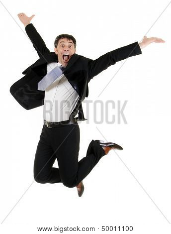 Agile stylish middle-aged businessman leaping in the air for joy isolated on white