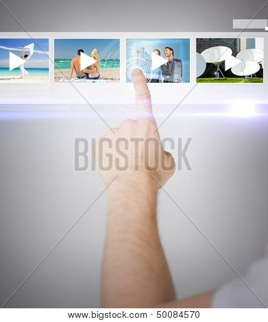 technology, internet and networking concept - man pressing button on virtual screen