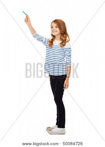 education, school and imaginary screen concept - cute little girl drawing in the air or imaginary screen